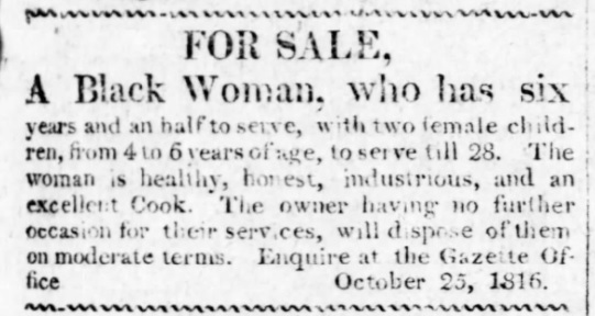 Anonymous Pittsburgh advertisement to sell an enslaved Black woman with her two young children.